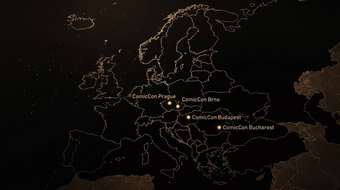 Dark gold map of Europe with cities